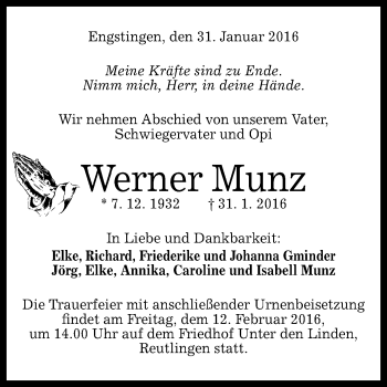 Anzeige von Werner Munz von Reutlinger Generalanzeiger