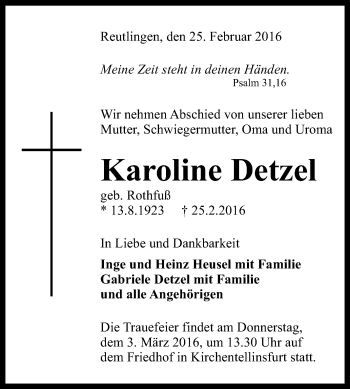 Anzeige von Karoline Detzel von Reutlinger Generalanzeiger