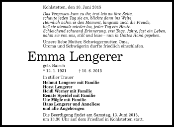 Anzeige von Emma Lengerer von Reutlinger Generalanzeiger