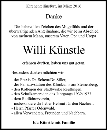 Anzeige von Willi Künstle von Reutlinger Generalanzeiger
