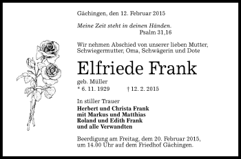 Anzeige von Elfriede Frank von Reutlinger Generalanzeiger