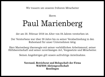 Anzeige von Paul Marienberg von Reutlinger Generalanzeiger