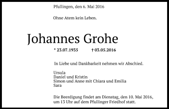 Anzeige von Johannes Grohe von Reutlinger Generalanzeiger