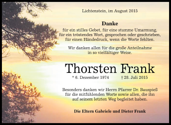 Anzeige von Thorsten Frank von Reutlinger Generalanzeiger