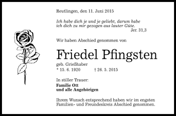Anzeige von Friedel Pfingsten von Reutlinger Generalanzeiger
