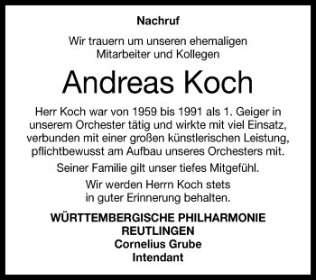 Anzeige von Andreas Koch von Reutlinger Generalanzeiger