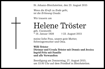 Anzeige von Helene Tröster von Reutlinger Generalanzeiger