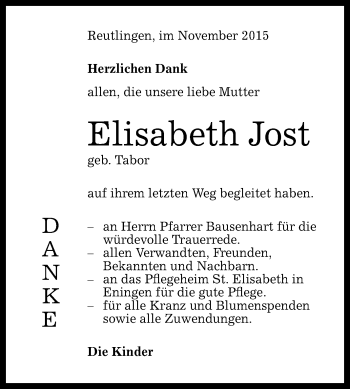 Anzeige von Elisabeth Jost von Reutlinger Generalanzeiger