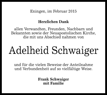 Anzeige von Adelheid Schwaiger von Reutlinger Generalanzeiger