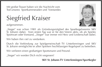 Anzeige von Siegfried Kraiser von Reutlinger Generalanzeiger