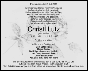 Anzeige von Christl Lutz von Reutlinger Generalanzeiger