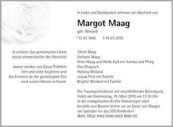 Anzeige von Margot Maag von Reutlinger Generalanzeiger