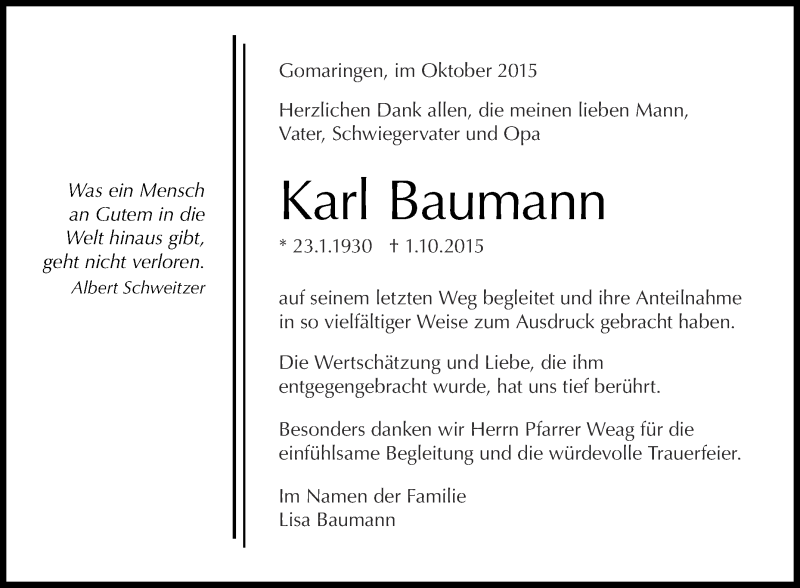  Traueranzeige für Karl Baumann vom 24.10.2015 aus Reutlinger Generalanzeiger