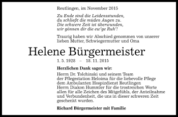 Anzeige von Helene Bürgermeister von Reutlinger Generalanzeiger