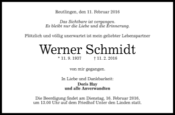 Anzeige von Werner Schmidt von Reutlinger Generalanzeiger
