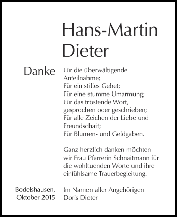 Anzeige von Hans-Martin Dieter von Reutlinger Generalanzeiger