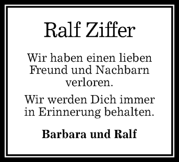 Anzeige von Ralf Ziffer von Reutlinger Generalanzeiger