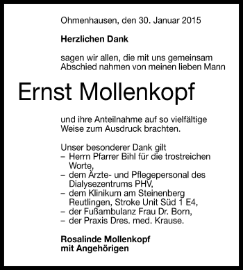 Anzeige von Ernst Mollenkopf von Reutlinger Generalanzeiger