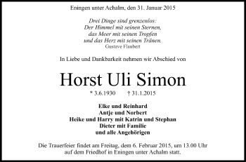 Anzeige von Horst Uli Simon von Reutlinger Generalanzeiger