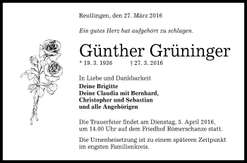 Anzeige von Günther Grüninger von Reutlinger Generalanzeiger