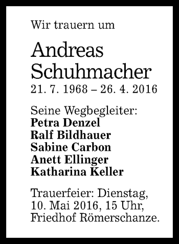 Anzeige von Andreas Schuhmacher von Reutlinger Generalanzeiger
