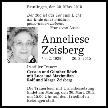 Anzeige von Anneliese Zeisberg von Reutlinger Generalanzeiger