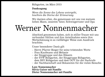 Anzeige von Werner Nonnenmacher von Reutlinger Generalanzeiger