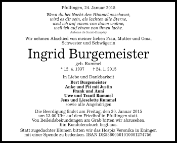 Anzeige von Ingrid Burgemeister von Reutlinger Generalanzeiger