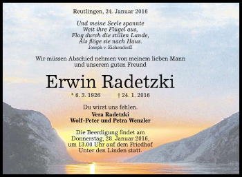 Anzeige von Erwin Radetzki von Reutlinger Generalanzeiger