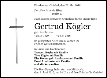 Anzeige von Gertrud Kögler von Reutlinger Generalanzeiger