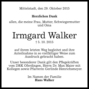 Anzeige von Irmgard Walker von Reutlinger Generalanzeiger