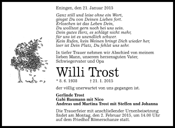 Anzeige von Willi Trost von Reutlinger Generalanzeiger
