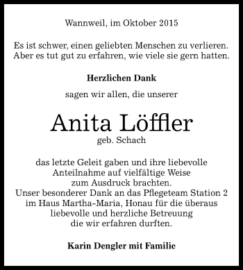 Anzeige von Anita Löffler von Reutlinger Generalanzeiger