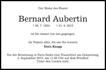 Anzeige von Bernard Aubertin von Reutlinger Generalanzeiger