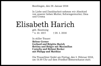 Anzeige von Elisabeth Harich von Reutlinger Generalanzeiger