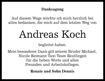 Anzeige von Andreas Koch von Reutlinger Generalanzeiger