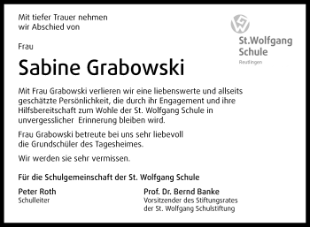 Anzeige von Sabine Grabowski von Reutlinger Generalanzeiger