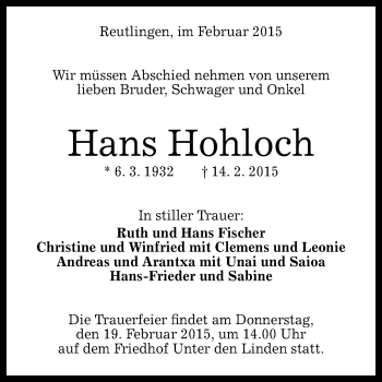 Anzeige von Hans Hohloch von Reutlinger Generalanzeiger