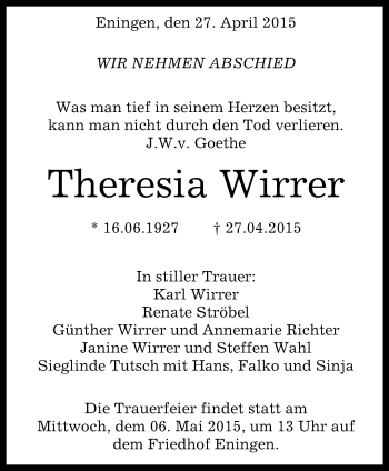 Anzeige von Theresia Wirrer von Reutlinger Generalanzeiger