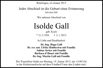 Anzeige von Isolde Gall von Reutlinger Generalanzeiger