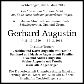 Anzeige von Gerhard Augustin von Reutlinger Generalanzeiger