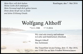 Anzeige von Wolfgang Althoff von Reutlinger Generalanzeiger