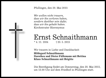 Anzeige von Ernst Schnaithmann von Reutlinger Generalanzeiger