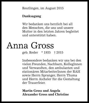 Anzeige von Anna Gross von Reutlinger Generalanzeiger