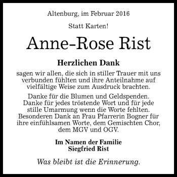 Anzeige von Anne-Rose Rist von Reutlinger Generalanzeiger