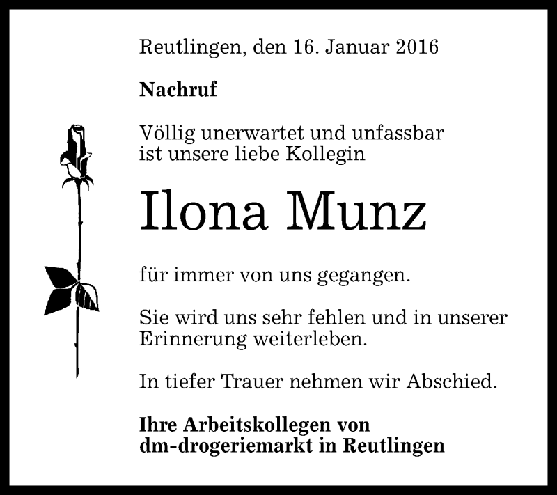  Traueranzeige für Ilona Munz vom 26.01.2016 aus Reutlinger Generalanzeiger