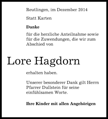 Anzeige von Lore Hagdorn von Reutlinger Generalanzeiger