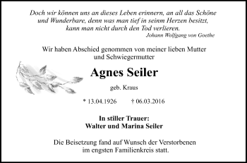 Anzeige von Agnes Seiler von Reutlinger Generalanzeiger