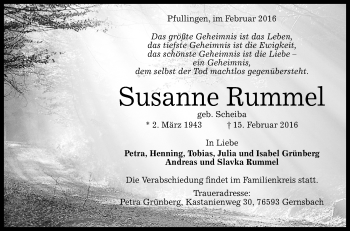 Anzeige von Susanne Rummel von Reutlinger Generalanzeiger