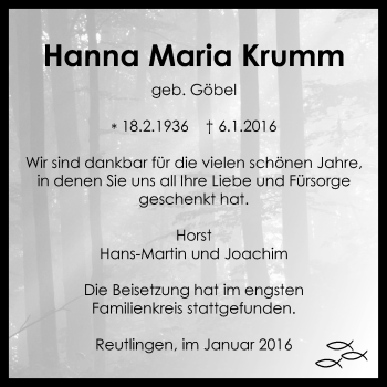 Anzeige von Hanna Maria Krumm von Reutlinger Generalanzeiger